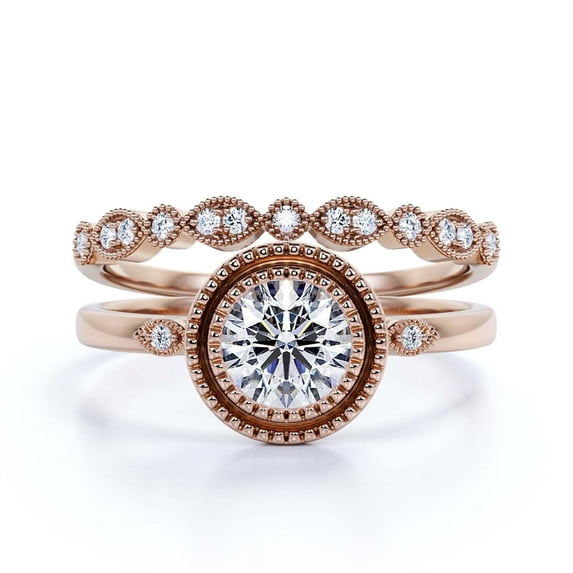 Gorgeous Art nouvea 1.60 Carat Round Cut Diamond Moissanite Engagement Ring, Boho Moissanite Wedding Ring, One Matching Band in 10k Solid Rose Gold, Gift For Her, Promise Ring, Anniversary Gift