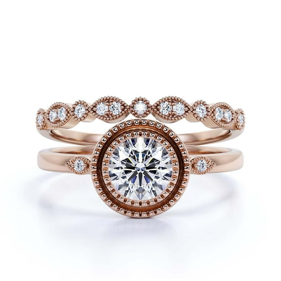 Gorgeous Art Nouvea 1.60 Ct Round Cut Diamond Moissanite Engagement Ring, Boho Moissanite Wedding Ring, One Matching Band In 925 Sterling Silver With 18K Rose Gold Plating Gift For Her, Promise Ring