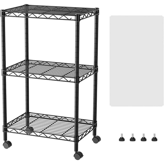 3 Small Shelves Storage Shelf Wire Shelving Unit Metal Shelf Adjustable Organizers Storage Shelving with Wheels for Bathroom Laundry Room Kitchen Pantry11.5”D x 17.5”W x 30.5”H Black