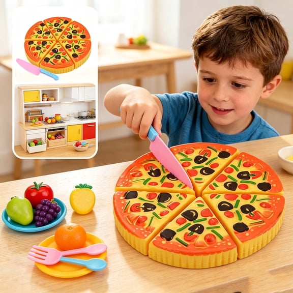 Qocolcyl Pretend Pizza Cutting Play Food Set with Slicable Pie Fake Fruits Plates Knife Fork,Restaurant Cooking Role Play Educational Toy for Toddlers Boys Girls Ages 3 Pretend Game Birthday Gift
