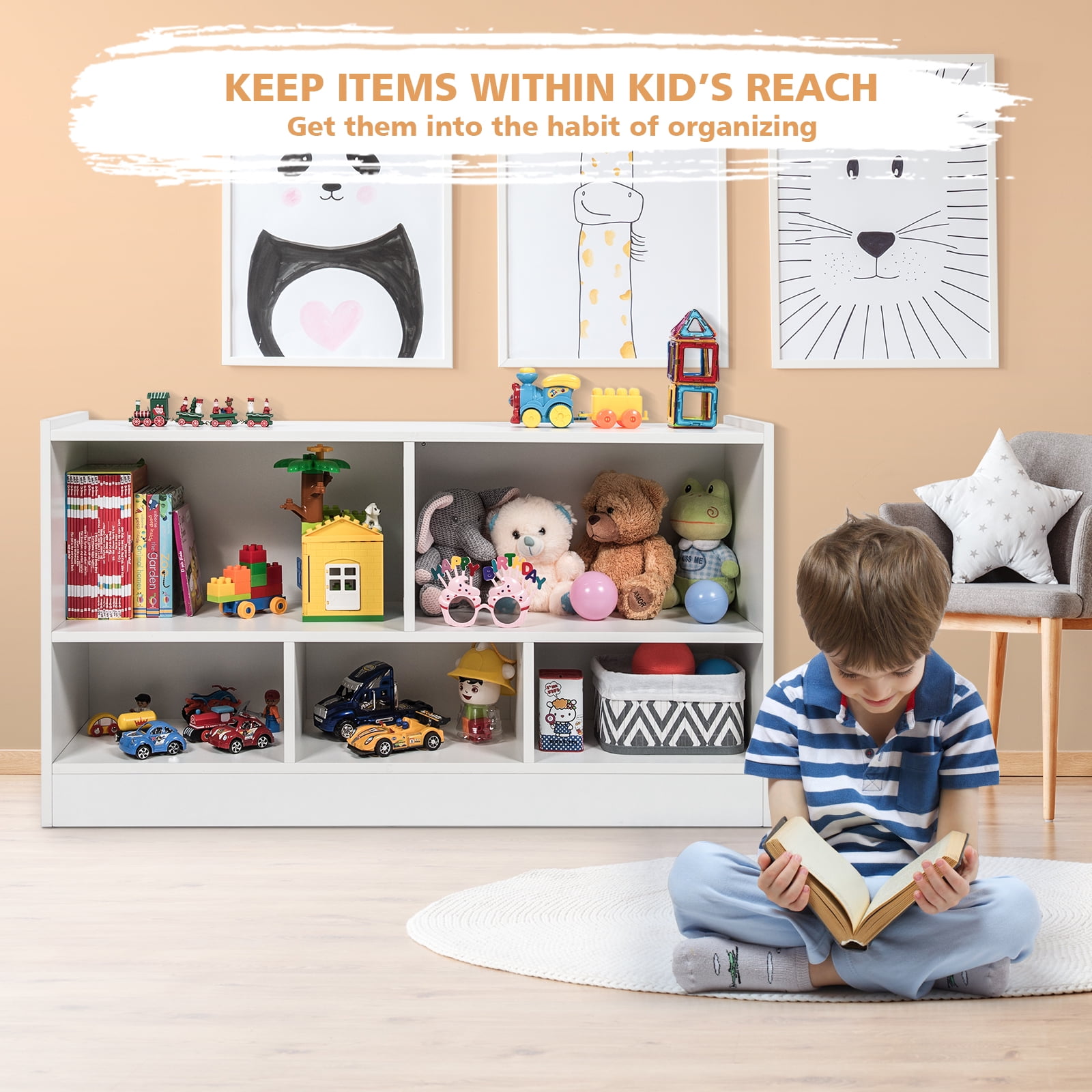 Infans Kids 2-Shelf Bookcase 5-Cube Wood Toy Storage Cabinet Organizer White