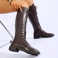 thumbnail image 5 of Women’s Full Lace Up Knee High Combat Boots, Round Toe Low Flat Heel Leather Tall Boots, Side Zipper Moto Riding Shoes Brown 9.5(43), 5 of 9