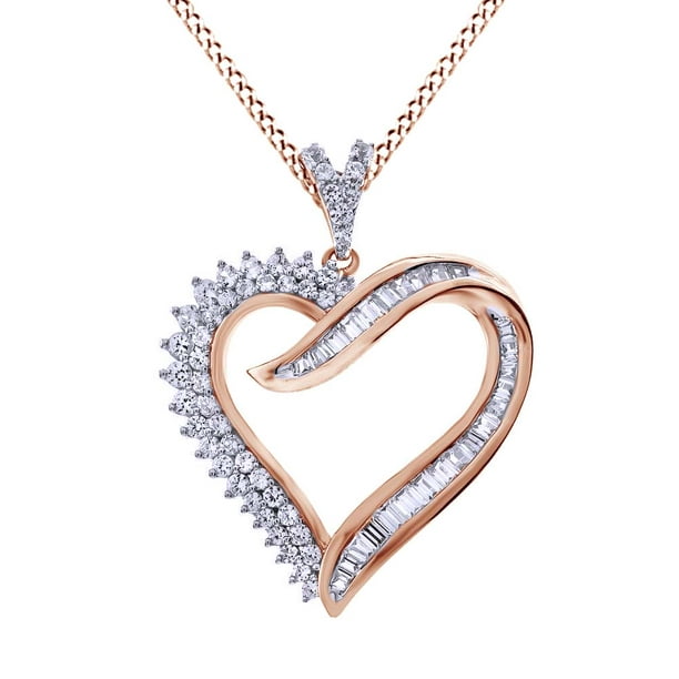 Jewel Zone US Baguette & Round Cut white Natural Diamond Heart