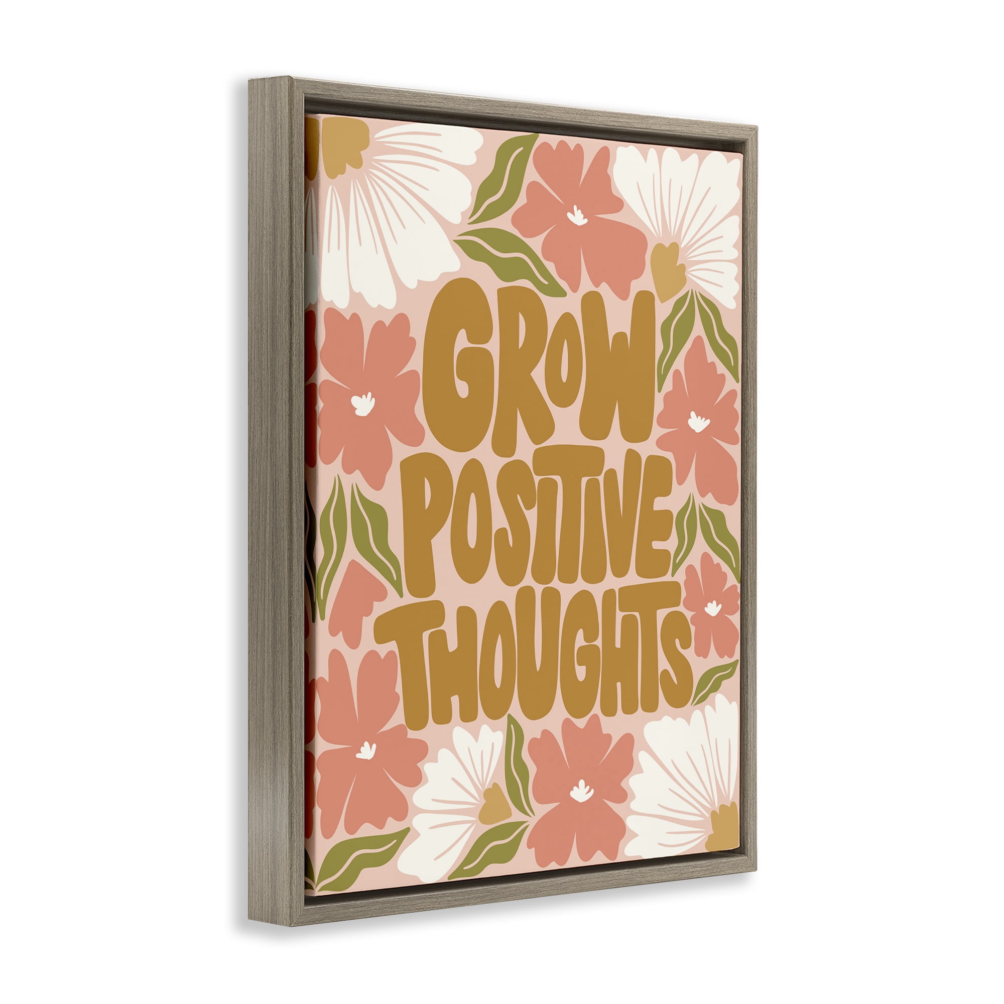 Stupell Industries Grow Positive Thoughts Plants & Flowers Painting Brown Floater Framed Canvas Art Print Wall Art, 17 x 21