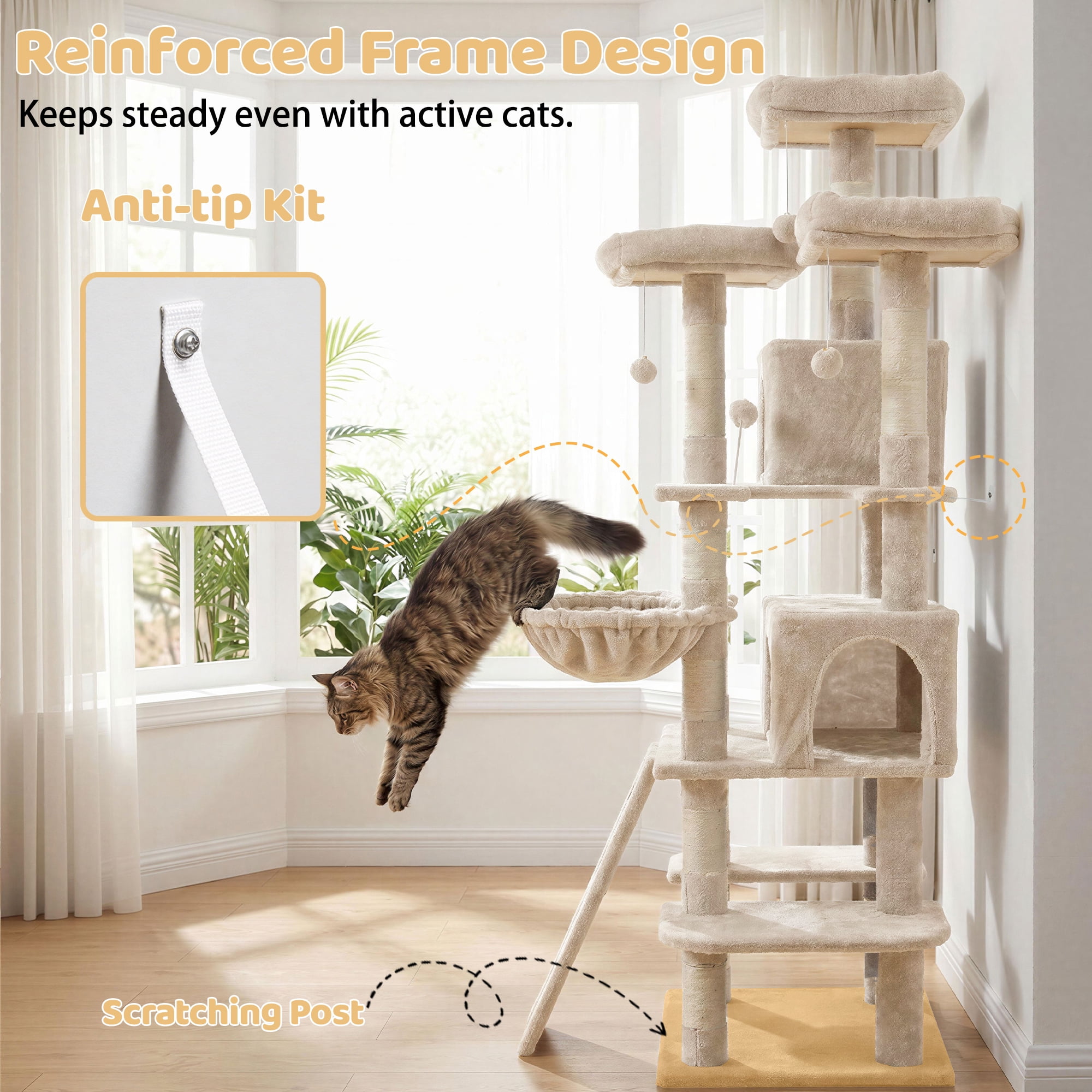 FOOWIN 70.8" Large Cat Tree, Multi-Level Cat Tower with Sisal Scratching Posts, Cat Activity Center Cat Play House, Beige