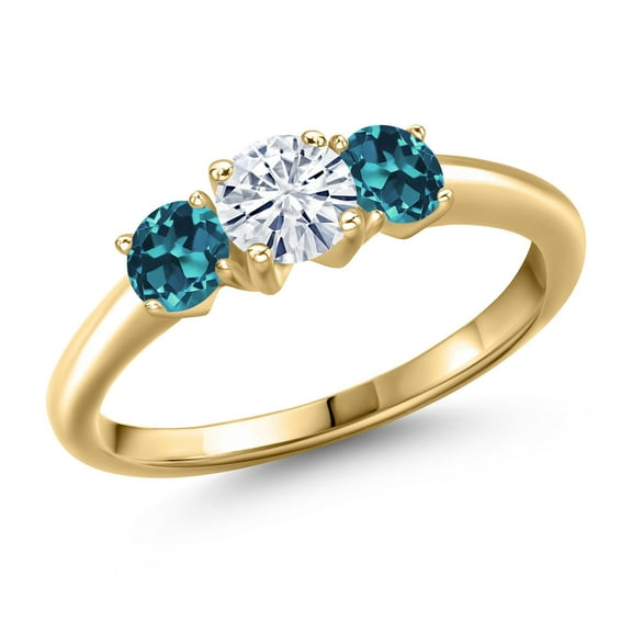 Gem Stone King 10K Yellow Gold White Moissanite and London Blue Topaz Engagement Ring for Women | 1.16 Cttw | Round 5MM | Gemstone Birthstone | Size 7