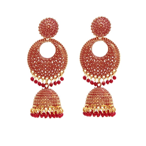 CrunchyFashion Traditional Indian Jewelry- Ethnic Bridal Bride Wedding Bridesmaid Antique Gold Red Meenakari Jhumka Jhumki Earrings Set For Women