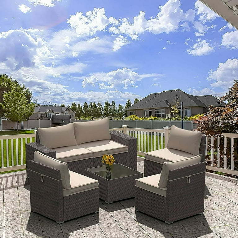 Gotland 6 Piece Patio Conversation Set Outdoor Sectional Sofa Rattan Wicker Patio Furniture Set Sand