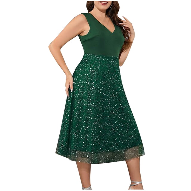 Birdeem Robes à Sequins Sans Manches à Col en V pour Femmes Grande Taille
