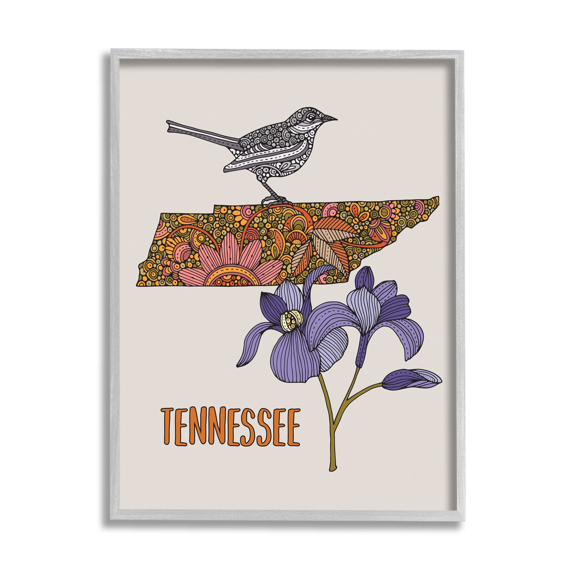 Stupell Industries Intricate Tennessee State Iris Floral Pattern Bird Graphic Art Gray Framed Art Print Wall Art, Design by Valentina Harper