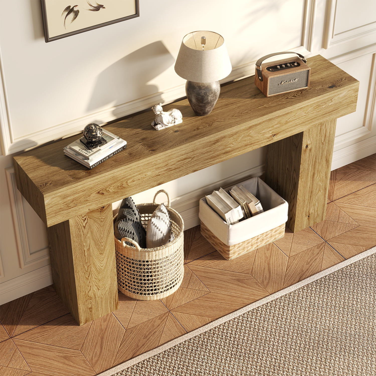 Doubleslee 63 Inch Long Console Table, Farmhouse Wood Entryway Table Behind Couch, Industrial Hallway Accent Table for Living Room（Natural)