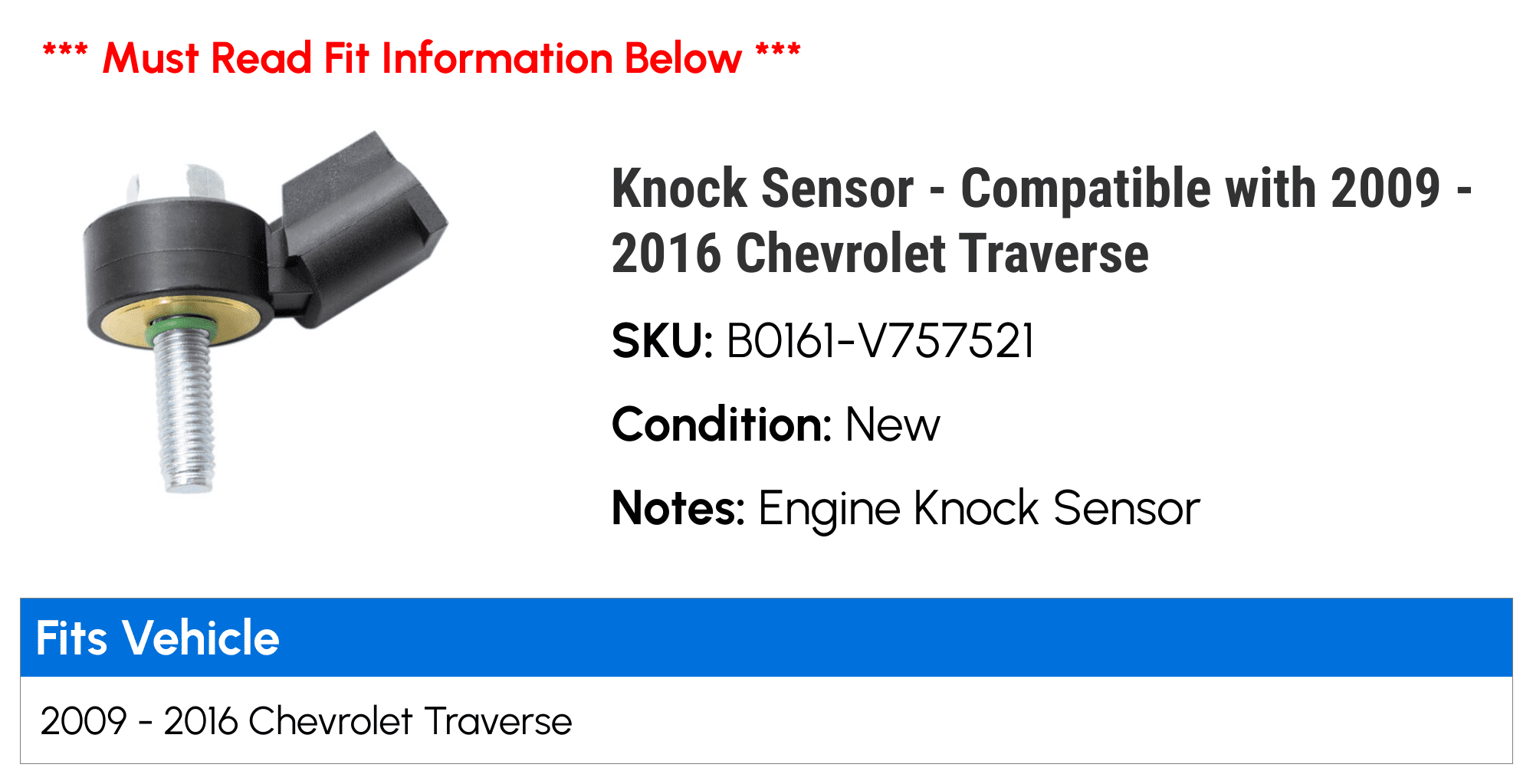 Knock Sensor - Compatible with 2009 - 2016 Chevy Traverse 2010 2011 2012 2013 2014 2015