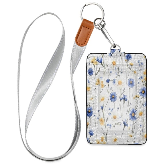 PU Leather ID Badge Holder Stylish Badge Holders with Lanyard (4.3x2.8x0.3in) for Cards & Credentials Blue and Yellow Wildflowers