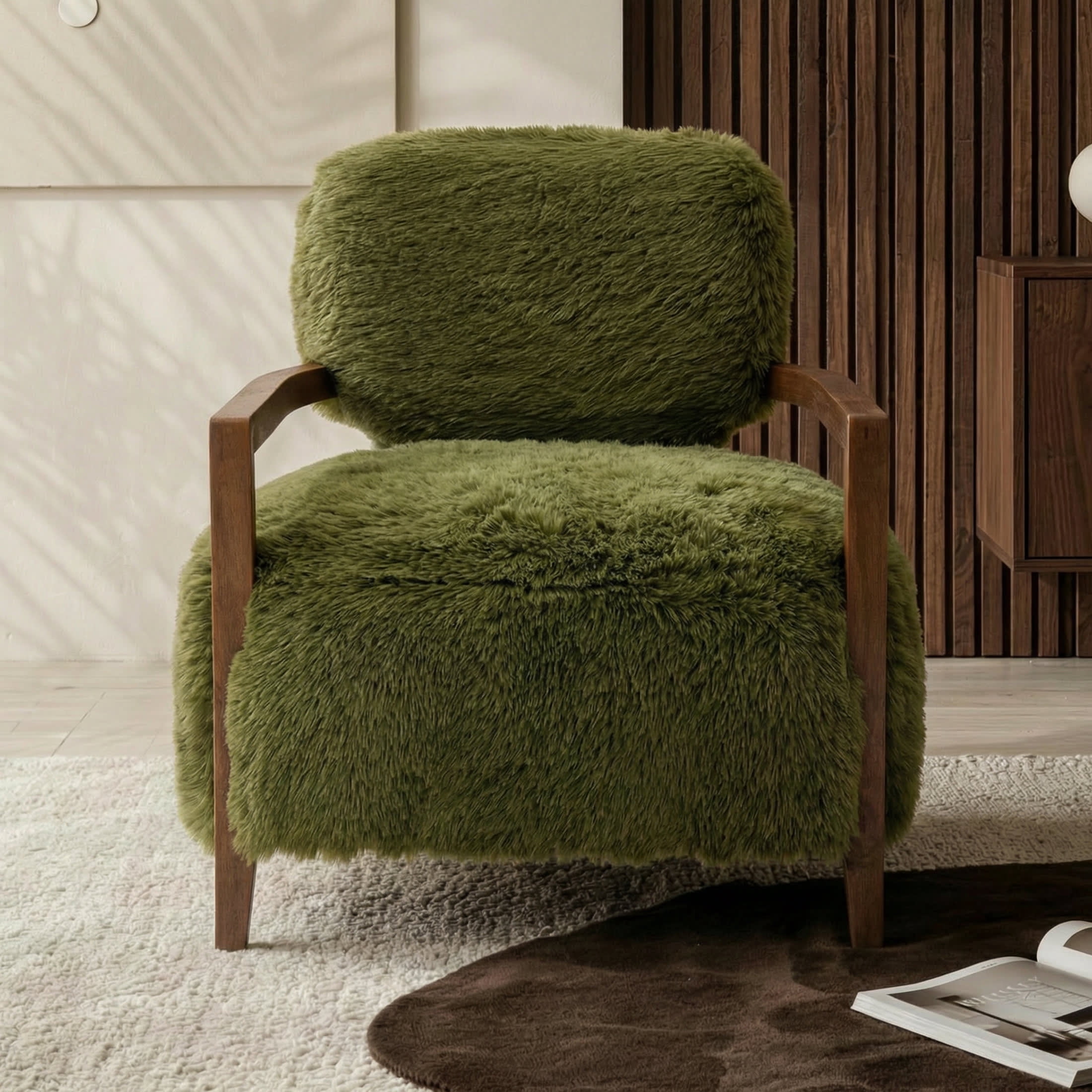 Aenkyo Yeti Contemporary Faux Fur Accent Chair with Walnut Wood Arms, Green