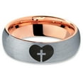 thumbnail image 2 of Tungsten Religious Cross Heart Love Band Ring 7mm Men Women Comfort Fit 18k Rose Gold Dome Brushed Gray Polished, 2 of 4
