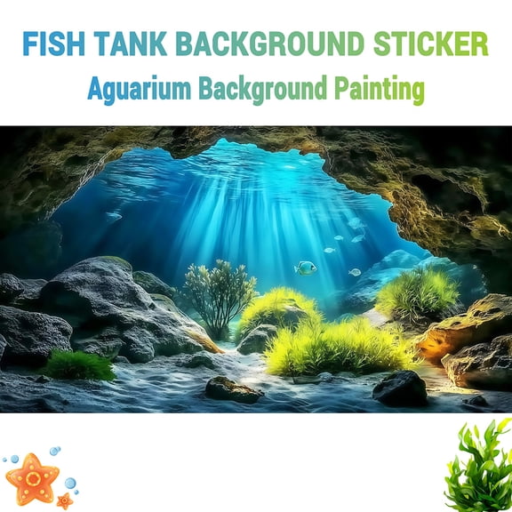 Aquarium Background Sticker, Sunlight Seaweed Cave Landscape Decor, Front Self-Adhesive HD PVC Removable 2D Flat Sticker for Fish Tank & Reptile Terrarium