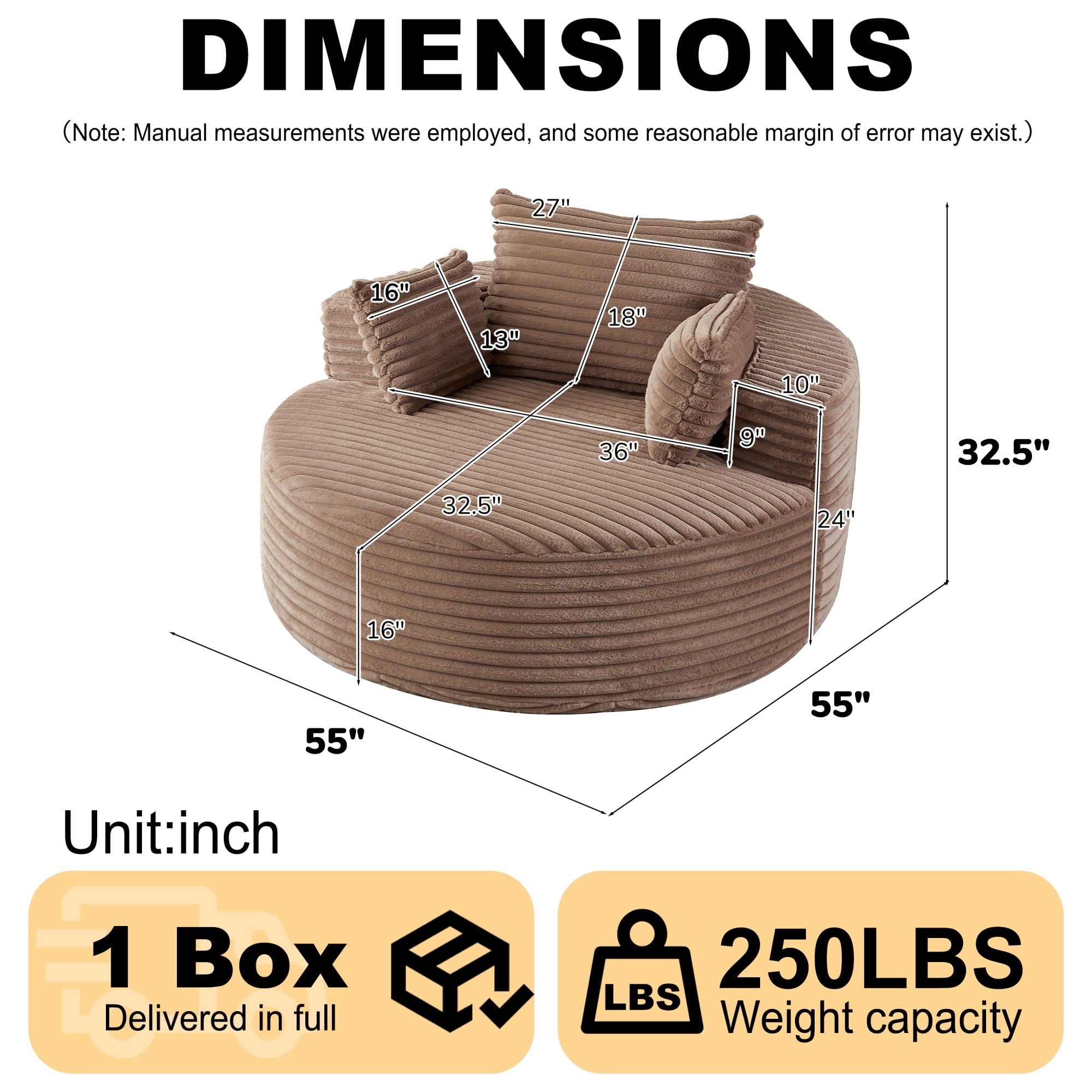 Sailvan 55" Modern Corduroy Single Seater Lounge Chair, Modular Cloud Sofa with Enveloping Pillows, No Assembly Lazy Chair for Living Room Brown