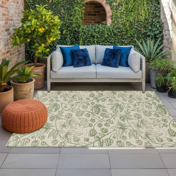 Outdoor Rug 3x5 ft Sage Green Floral Branch Outdoor Large Area Rug Non Slip Rubber Vintage Flower Thread Front Door Mat RV Rug Carpet Patio Outdoor Rugs for Backyard Balcony Deck Porch Indoor