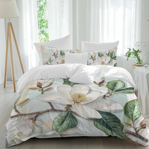 White Magnolia Flowers Duvet Cover Set Twin Size, Retro Floral 4 Piece Soft Microfiber Bedding Set with 1 Duvet Cover, 1 Flat Sheet, 2 Pillowcases