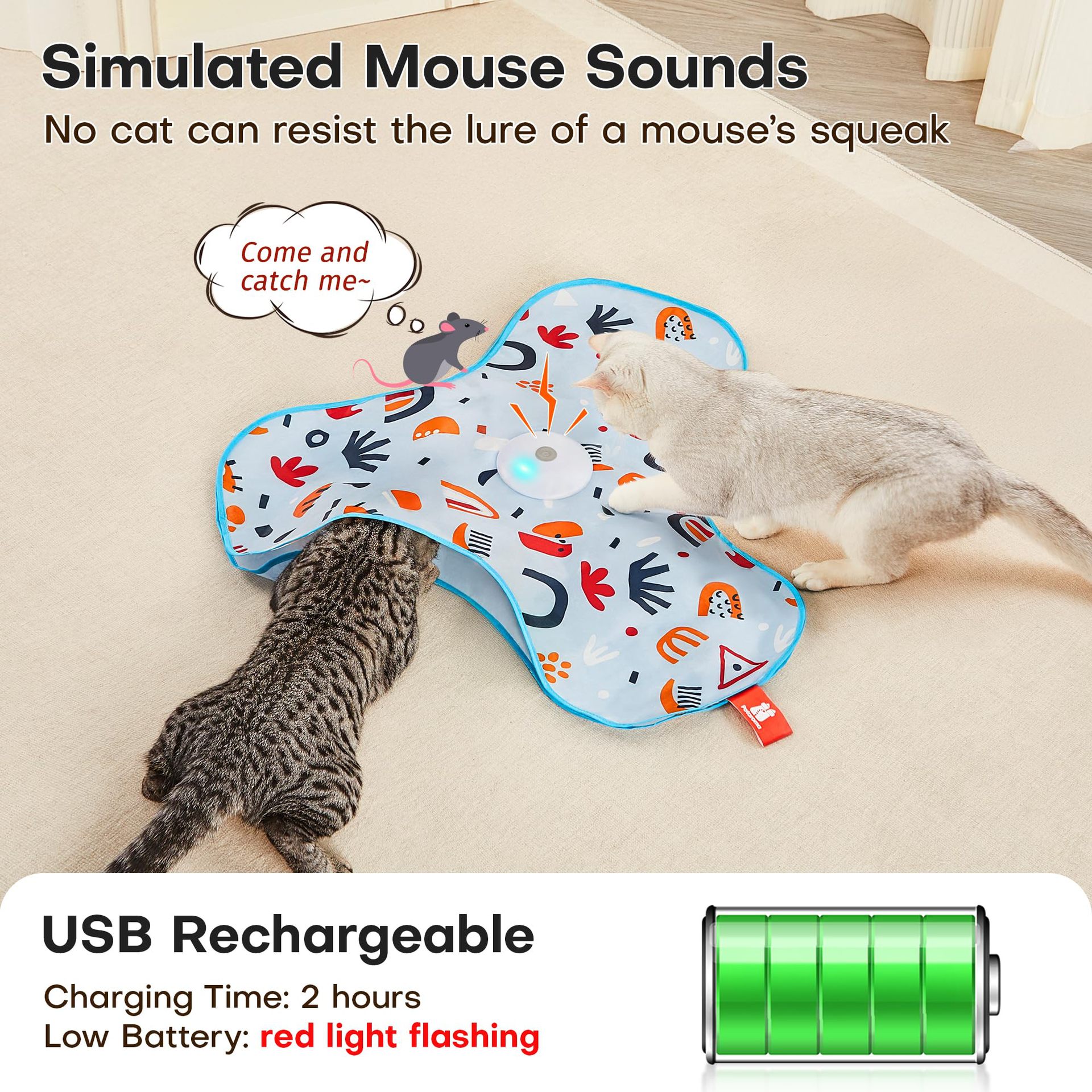 Interactive Cat Toys for Indoor Cats,[Newly Upgraded] Rechargeable Touch Activated Hide and Seek Kitten Toys for Bored Indoor Adult Cats with Fluttering (Blue)