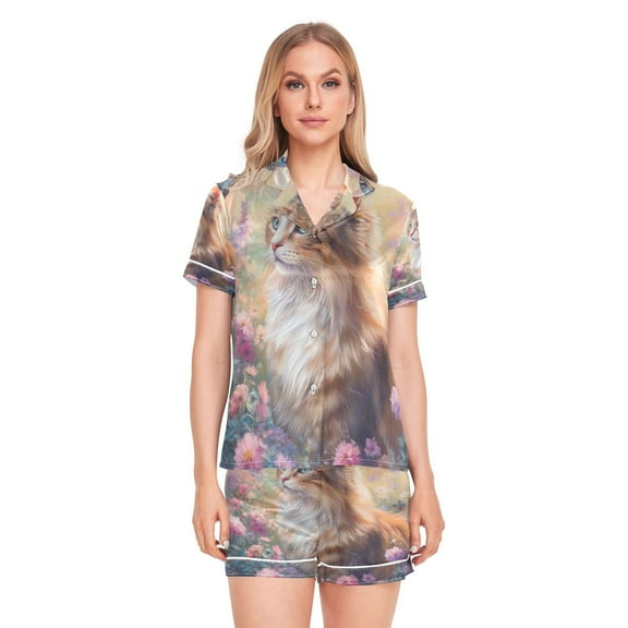Women Silk Pajama Sets Causal Outings Fashion Cat and Butterfly in Flowers Pattern Home