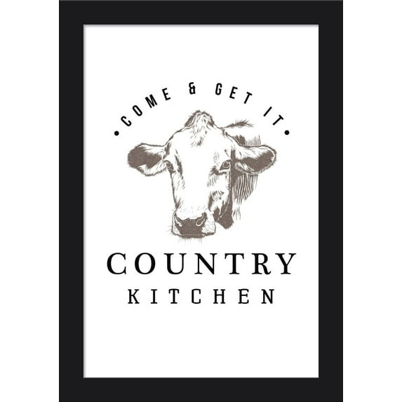 Country Kitchen - Cow on White - Lantern Press Artwork (12x18 Giclee Art Print, Gallery Framed, Black Wood)