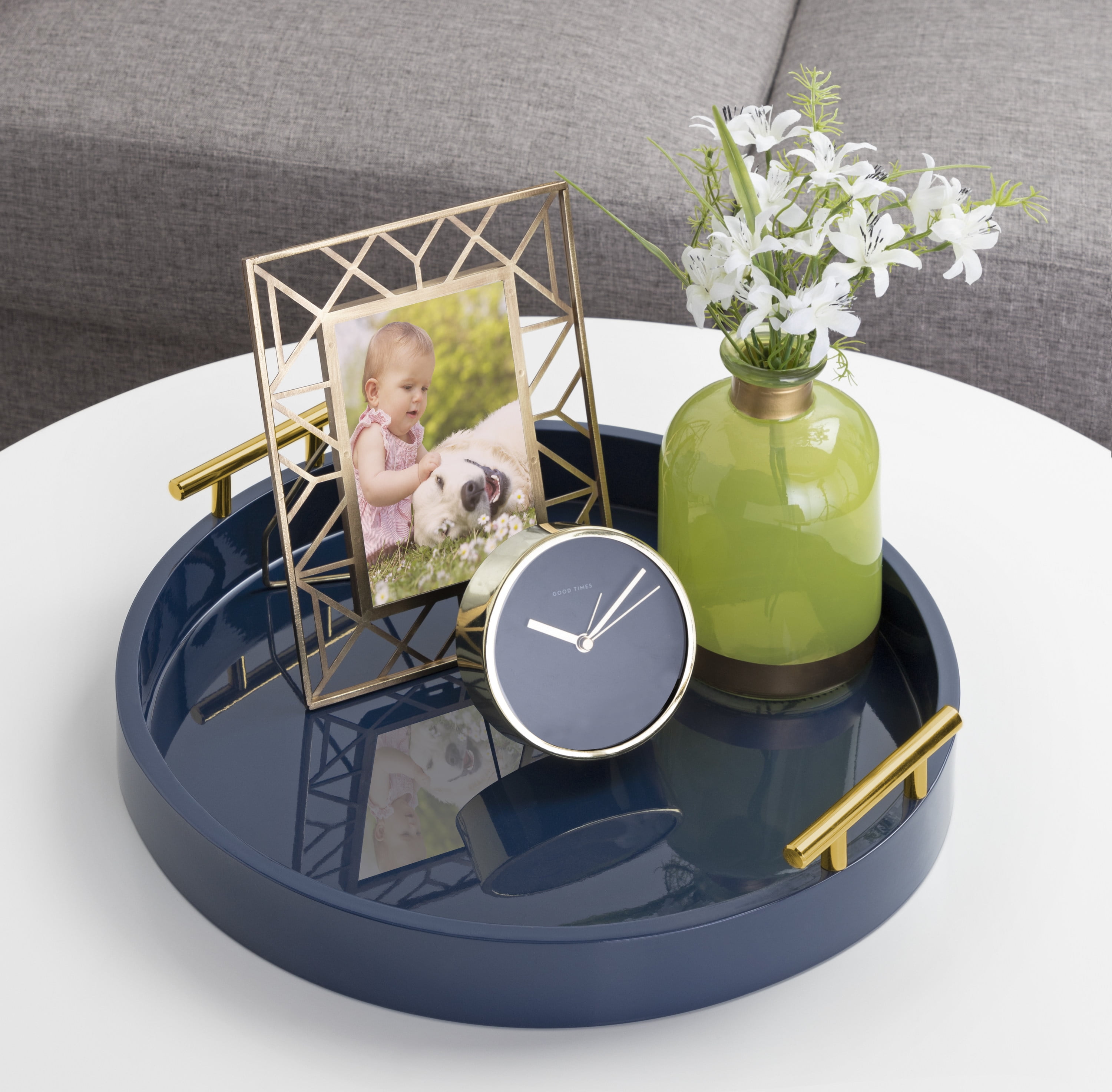 Kate and Laurel Lipton Modern Round Tray, 15.5" Diameter, Navy Blue And Gold, Decorative Accent Tray for Storage and Display