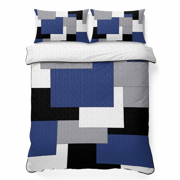 King Quilt Bedding Set Ombre Square Splicing Plaid Summer Quilt Lightweight Quilted Coverlet with 2 Pillow Shams, Color Block 3-Piece Bedspread Quilt Set for All Season