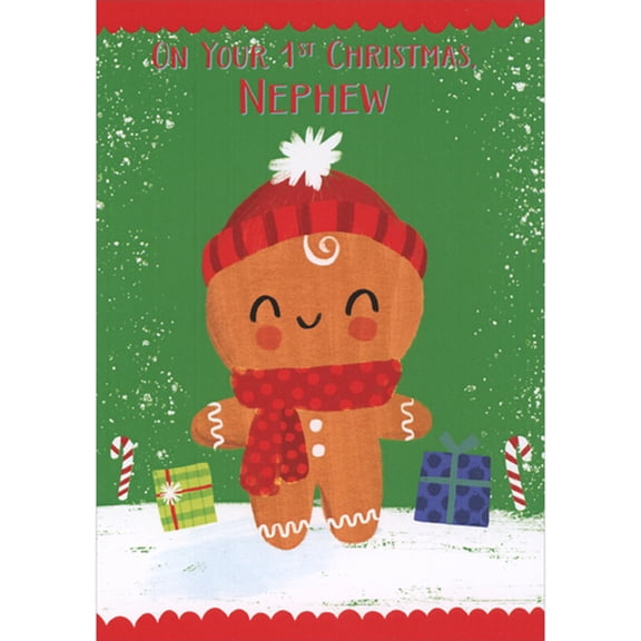 Designer Greetings Cute Smiling Gingerbread Child, Presents and Candy Canes Juvenile 1st / First Christmas Card for Nephew