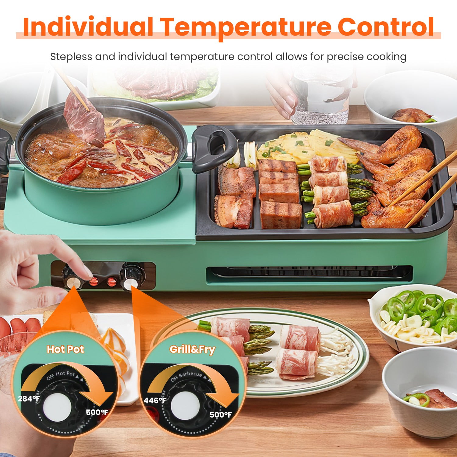 Imountek 3 in 1 Hot Pot with Grill & Fry, 1600W Electric Hot Pot with Grill Smokeless Non-Stick, Dual Temp Control for 3-5 People, Green