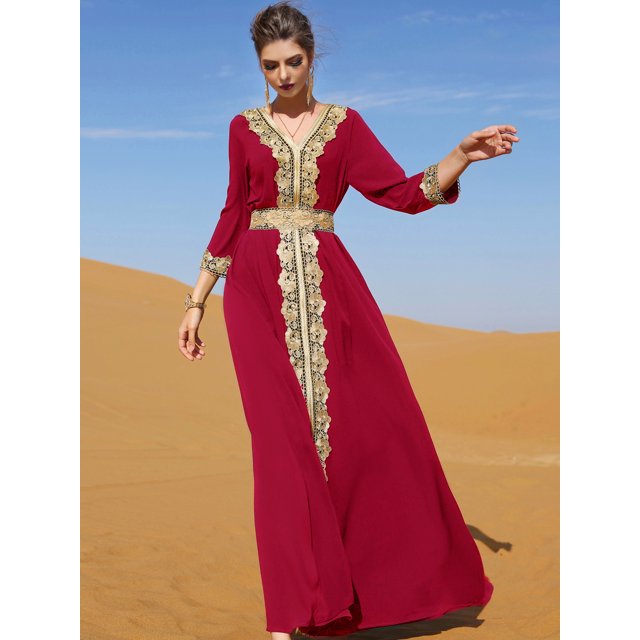 Vestido elegante de encaje con bordado grande para vacaciones de estilo vintage para mujer de Oriente Medio