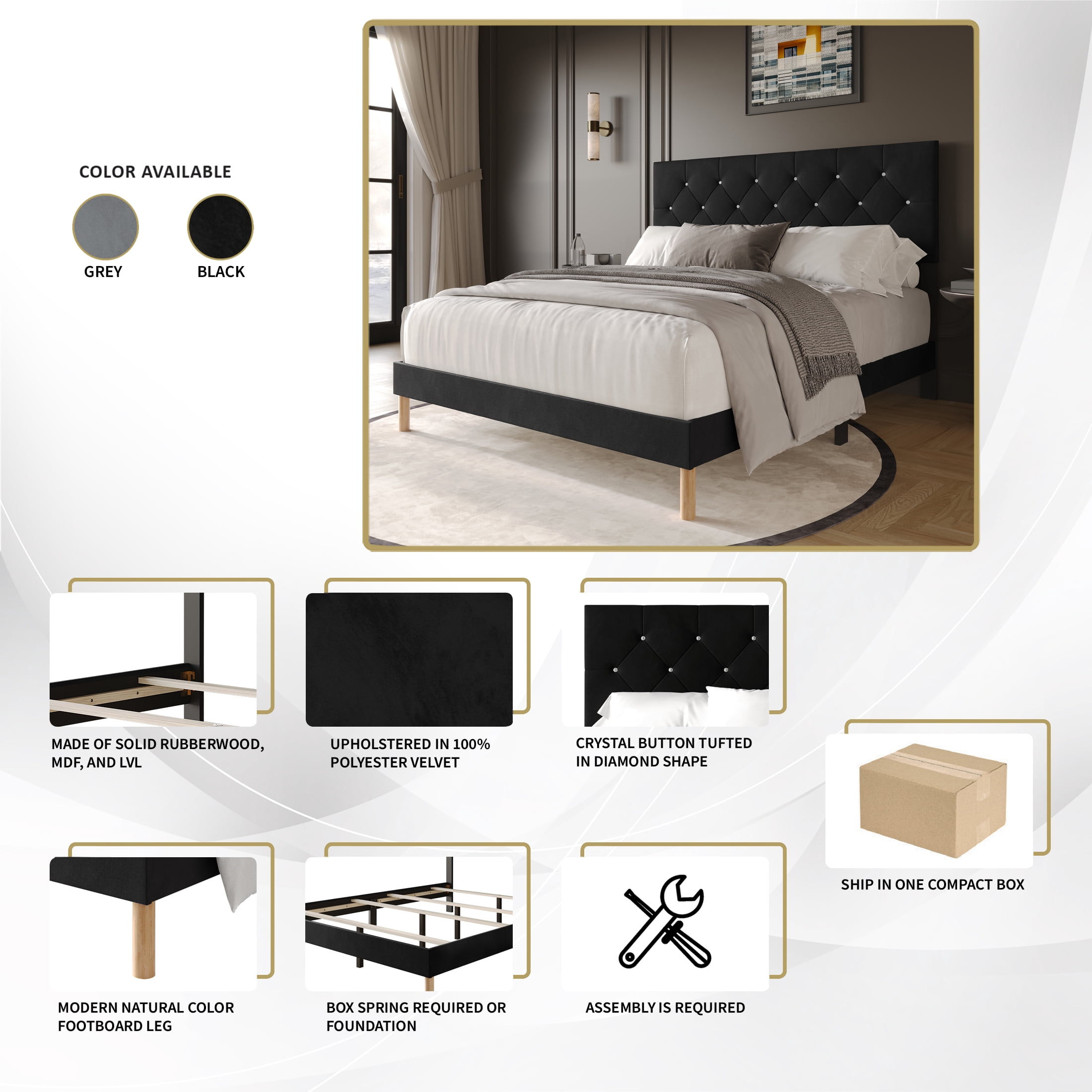 Castle Place Modern Diamond Tufted Velvet Upholstered King Bed, Light Grey