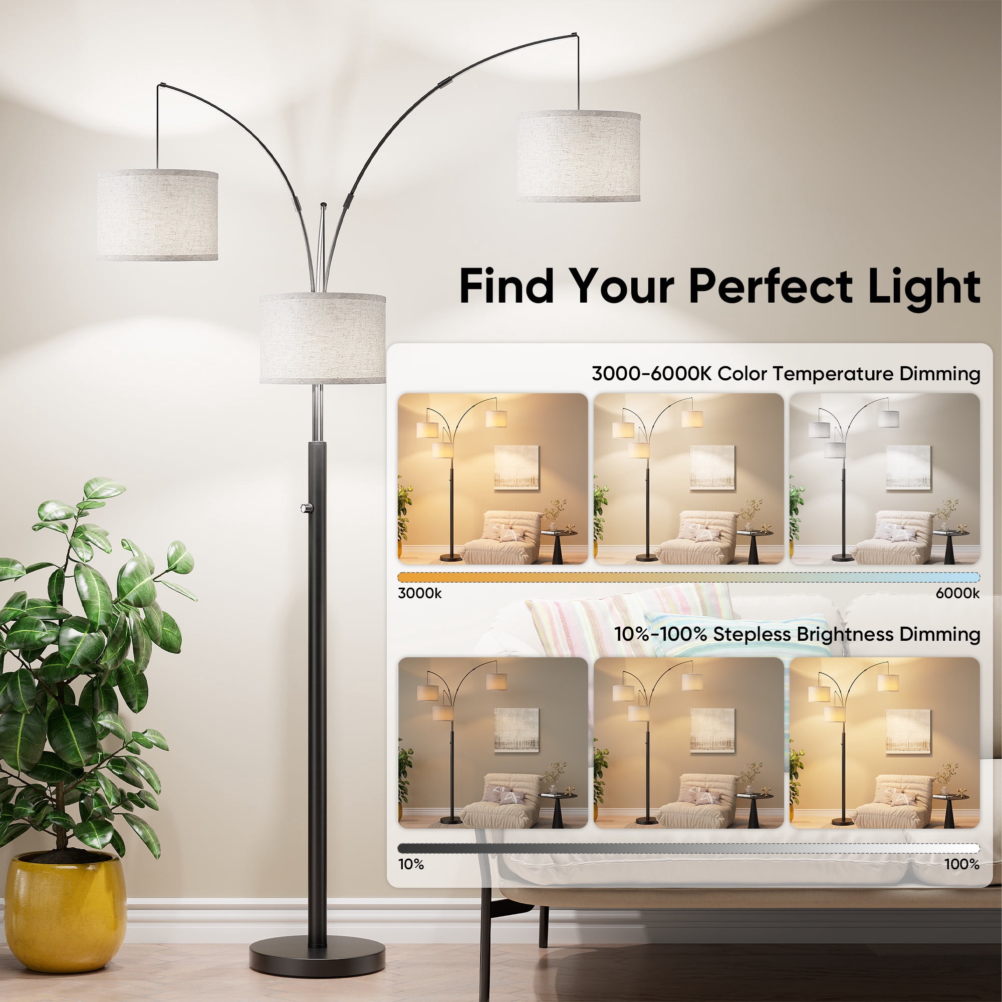 Newest 67” Modern 3-Head LED Floor Lamp with 3-Color Dimmable Light, Adjustable Black for Living Room