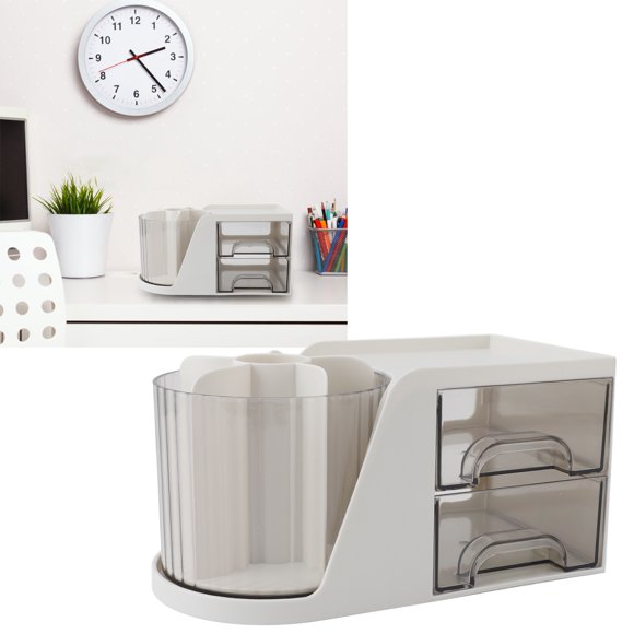 Organisateur de Bureau, Boîte de Rangement en Plastique Multifonctionnelle avec 2 Tiroirs, Porte-Stylo Rotatif et Tablette pour Bureau École Maison