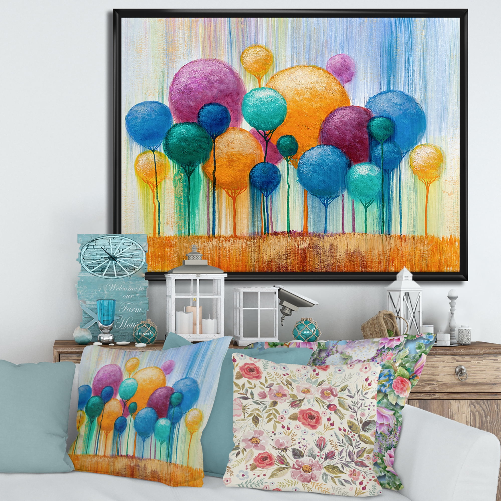 Designart 'Ornamental Colourful Trees IV' Modern Framed Canvas Wall Art Print