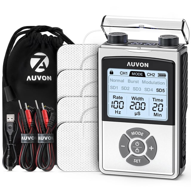 Estimulador muscular TENS recargable AUVON para aliviar el dolor de espalda, batería de 600 mAh, 8 modos personalizables, para hombros, cuello y nervios, 4 almohadillas