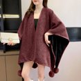 thumbnail image 2 of Zpanxa Winter Coats for Women Poncho Cape with Pom-pom Trim Casual Warm Wrap Wine Free Size, 2 of 5