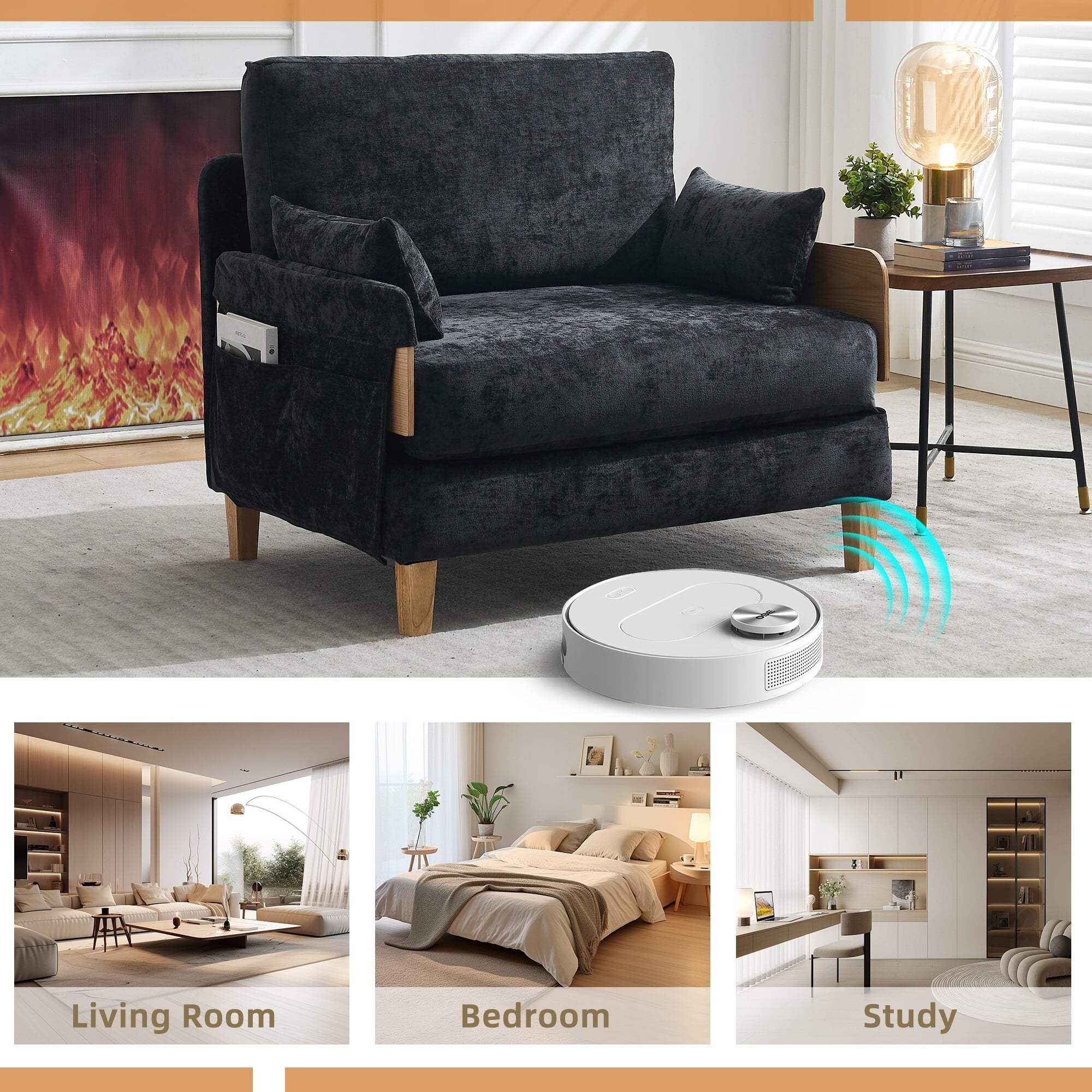 AENKYO 3-in-1 Convertible Sofa Chair, Modern Foldable Sleeper Bed for One, Suits for Living Room, Bedroom, Black