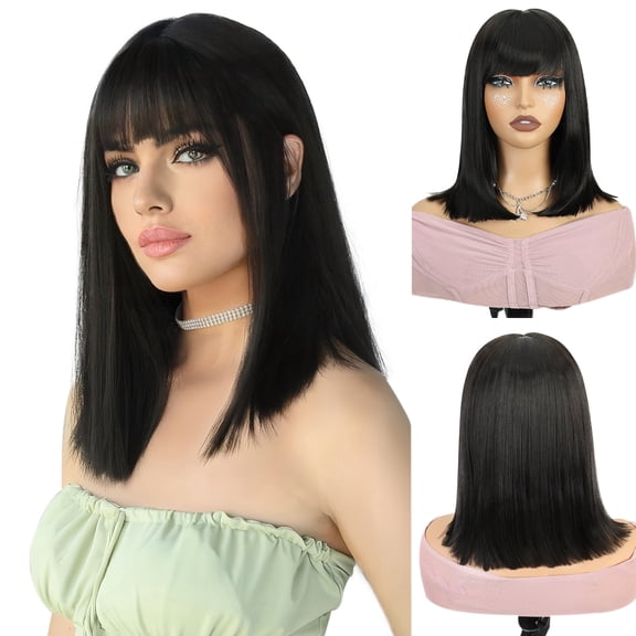 QUEENTAS 13 Inch Black Bob Wig with Bangs Short Black Straight Wig for Women Natural Looking Heat Resistant Synthetic Wig