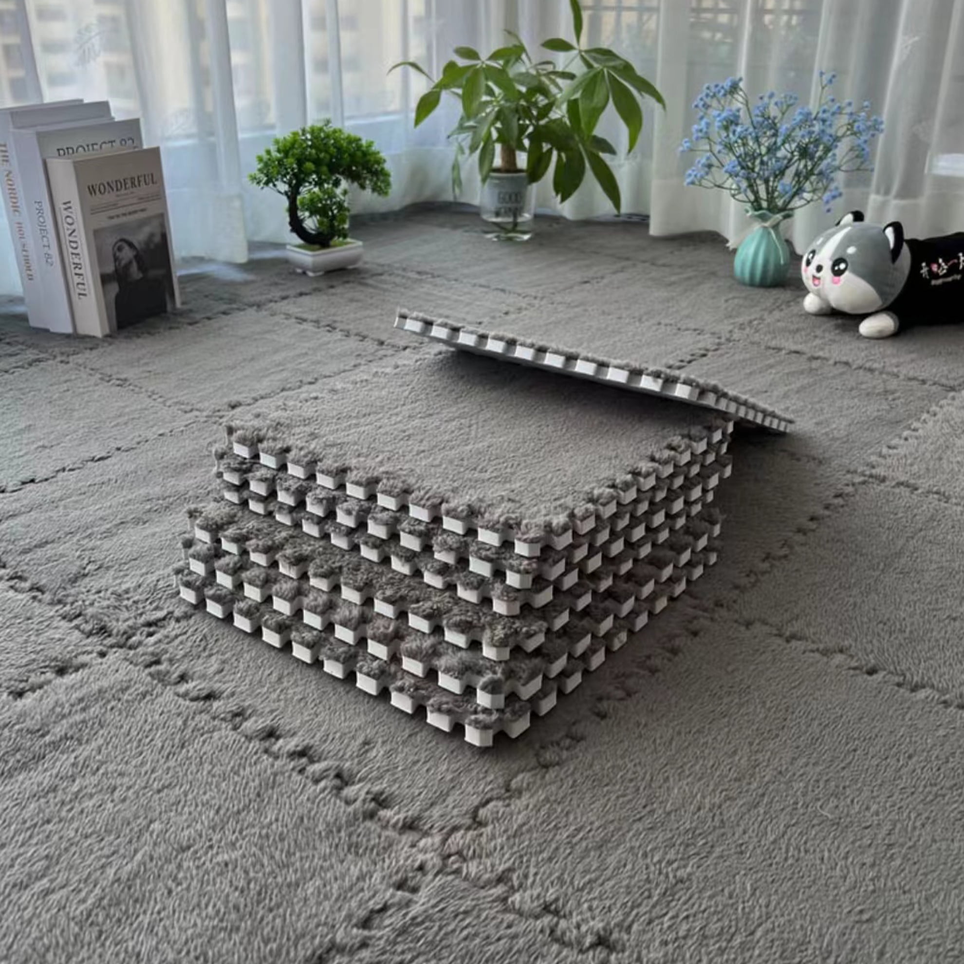Interlocking Carpet Shaggy Soft EVA Foam Mats Fluffy Square Thickened Plush Tiles Protective Floor Tiles Exercise Play Mat for Children Kids Room Home Parlor Bedroom (Grey, 12 Pcs)