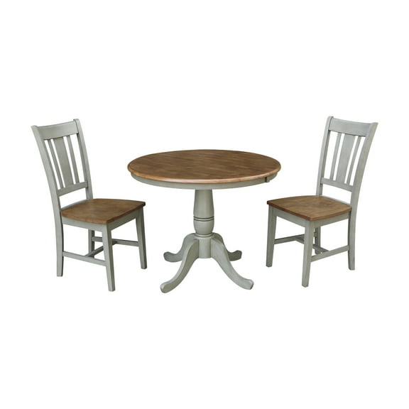 36" Round Solid Wood Extension Dining Table With 2 San Remo Chairs in Distressed Hickory/Stone by International Concepts