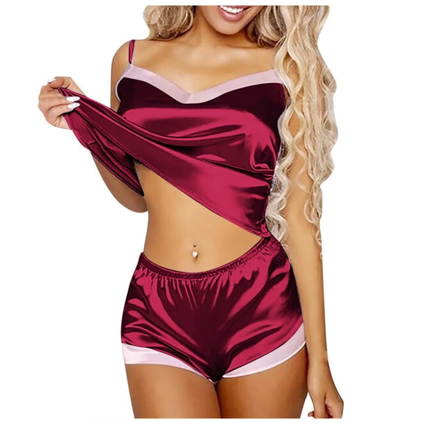 Gibobby arnés para mujer Sexy-Lingerie Set Pijamas de satén Mujer Encaje Seda Ropa de dormir Ropa de dormir Íntimo(Vino, L)