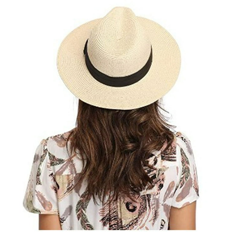 Aunavey Womens UPF 50+ Wide Brim Panama Straw Hat Foldable Fedora Beach Sun Hat, Women's, Size: One size, Beige