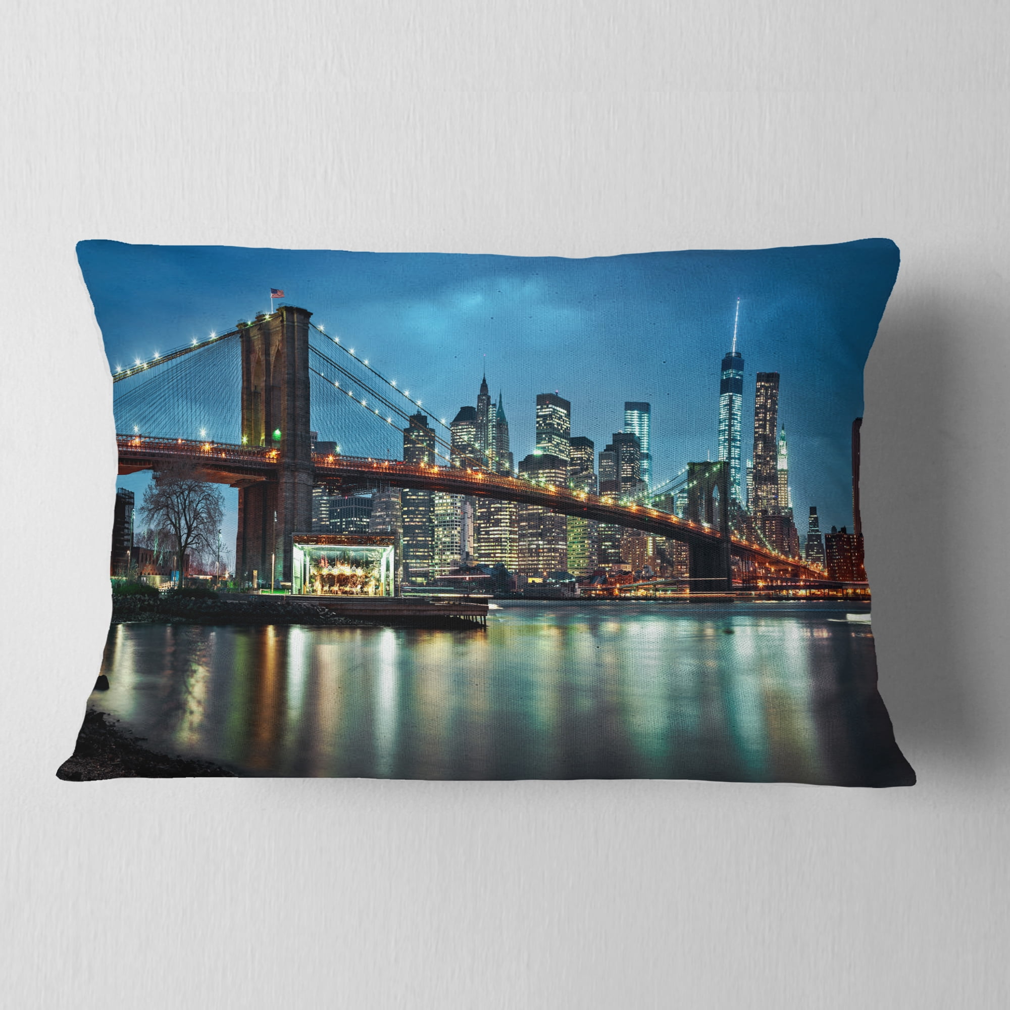 Designart Brooklyn Bridge and Skyscrapers - Cityscape Throw Pillow - 12x20