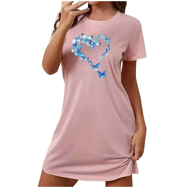 Mrat Robe de Pyjama pour Femmes, Chemise de Nuit Courte Surdimensionnée pour Femmes, Mode, Imprimé sur la Poitrine, Robe de Nuit à Manches Courtes, P-91 Rose-A S