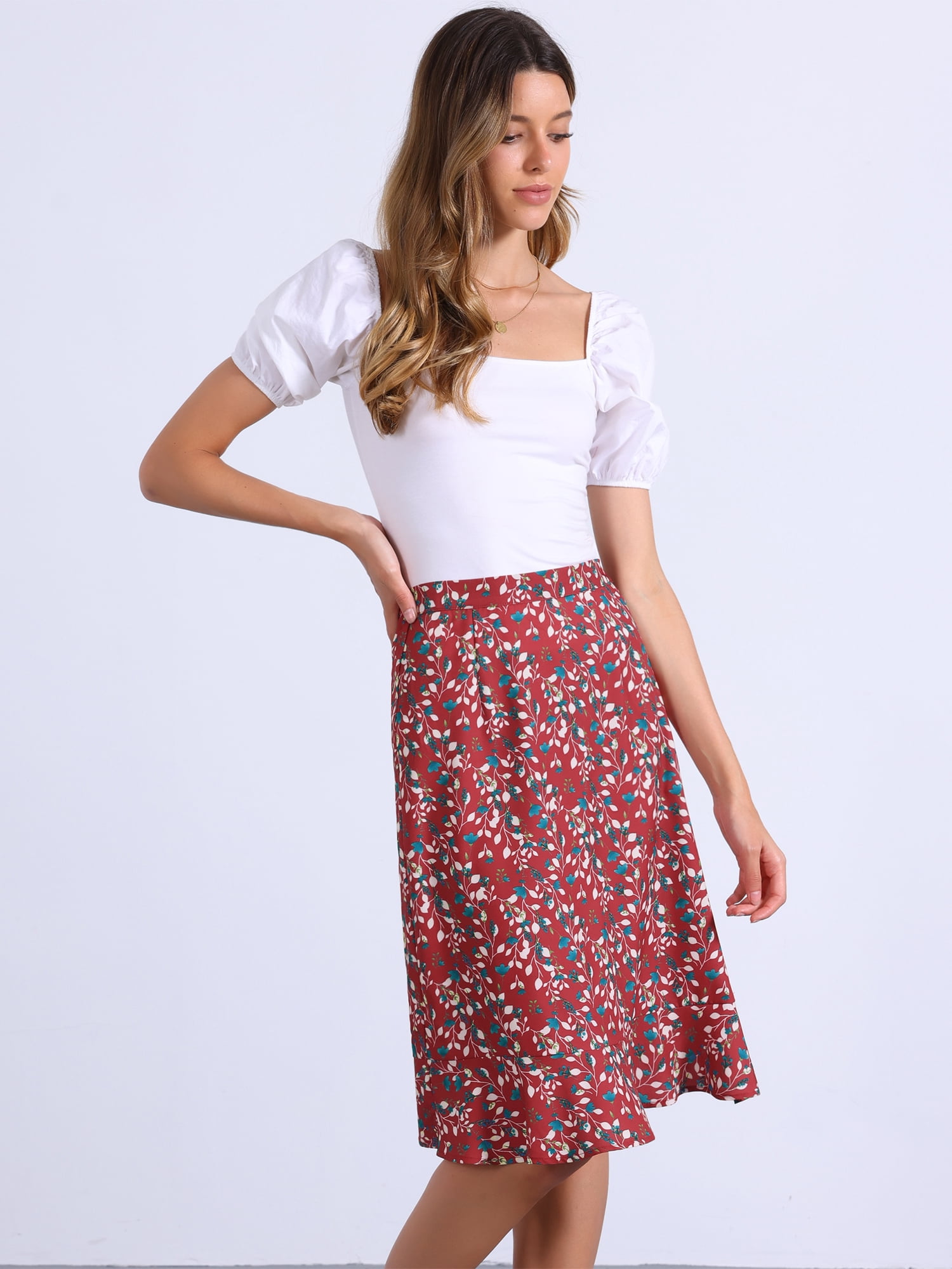DARING DIVA Women's Floral Ruffle High Waist Flowy A-Line Skirt M Dark Red
