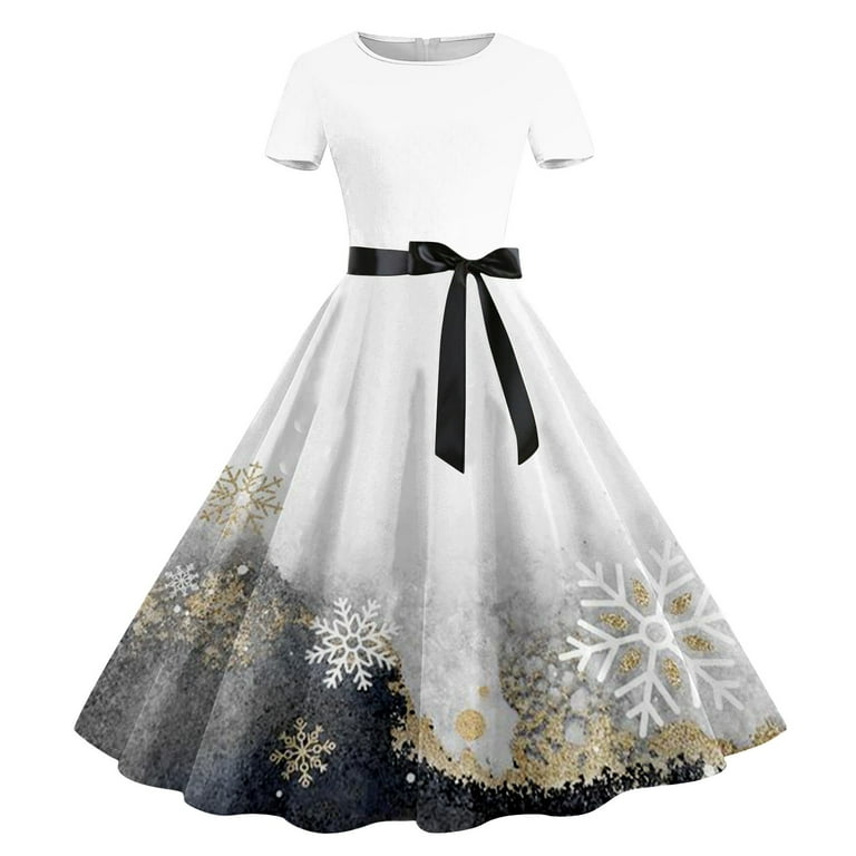 Trendvibe365 Women Mother Daughter Dress Vintage Dress Christmas Santa Short Sleeve Dress Round Neck Women Christmas Short 1950S Retro Vintage