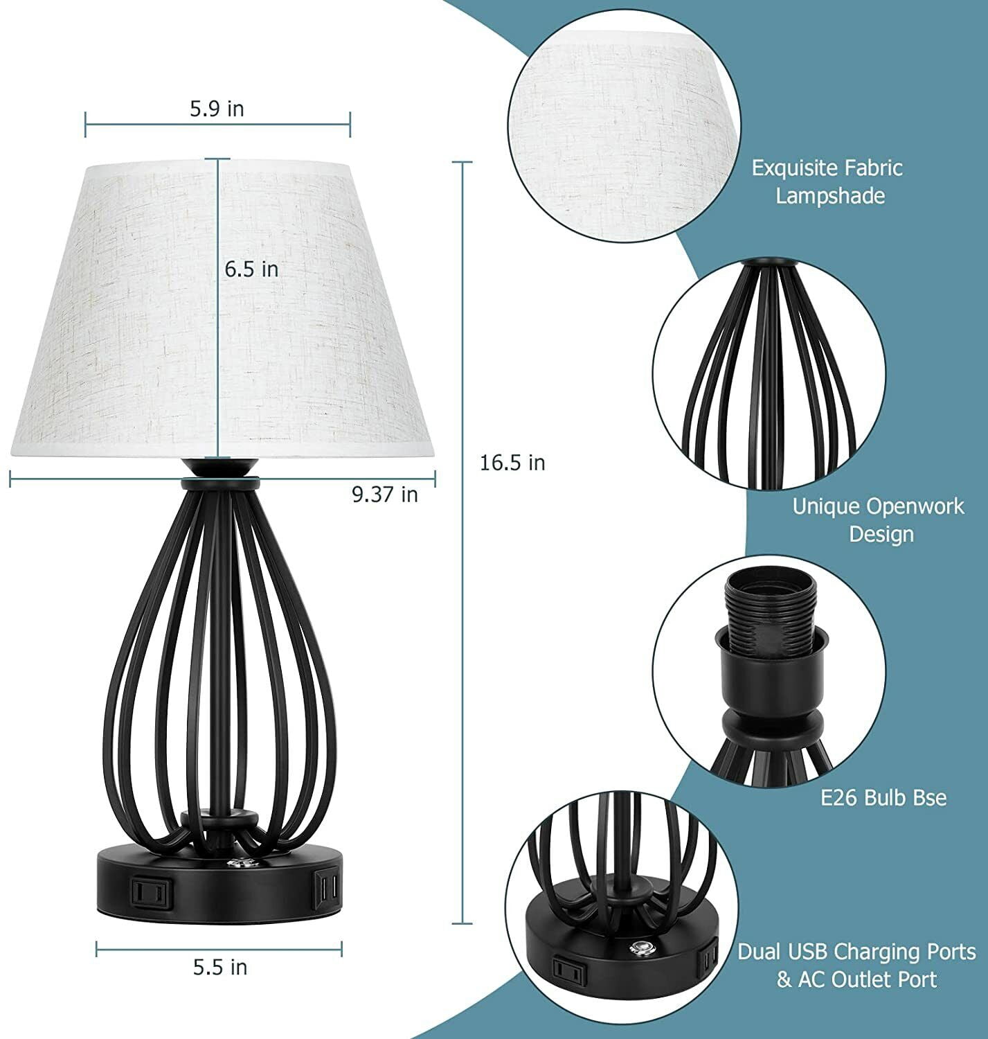 Set of 2 USB Touch Control Table Lamp Bedside Nightstand Lamps AC Outlet Bedroom