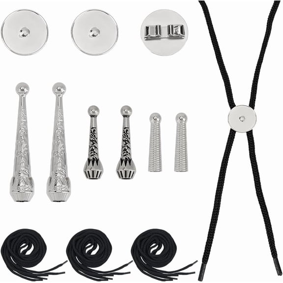 Bolo Tie Finding Kit Sliver Bolo Tie Tip Buckle Replacement with Cord End 3Pcs Round Slides Pack 3 Strands Nylon Cord for DIY handcrafting