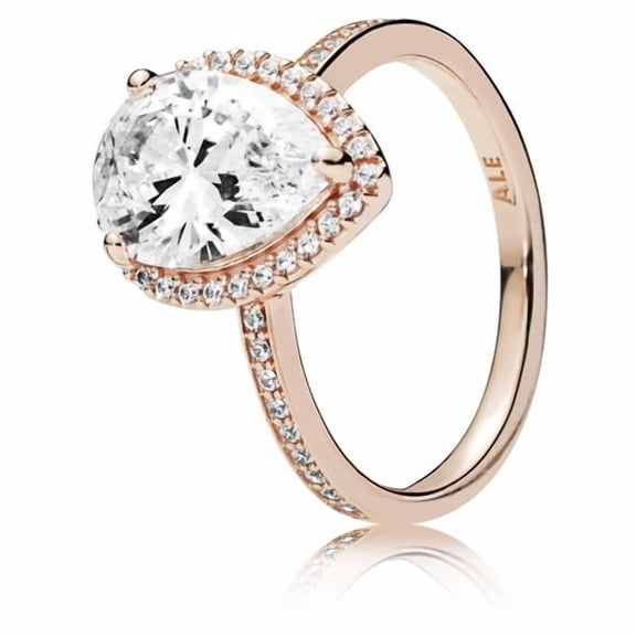 PANDORA Ring in PANDORA Rose with 1 claw-set pear-cut CZ and 46 bead-set clear CZ